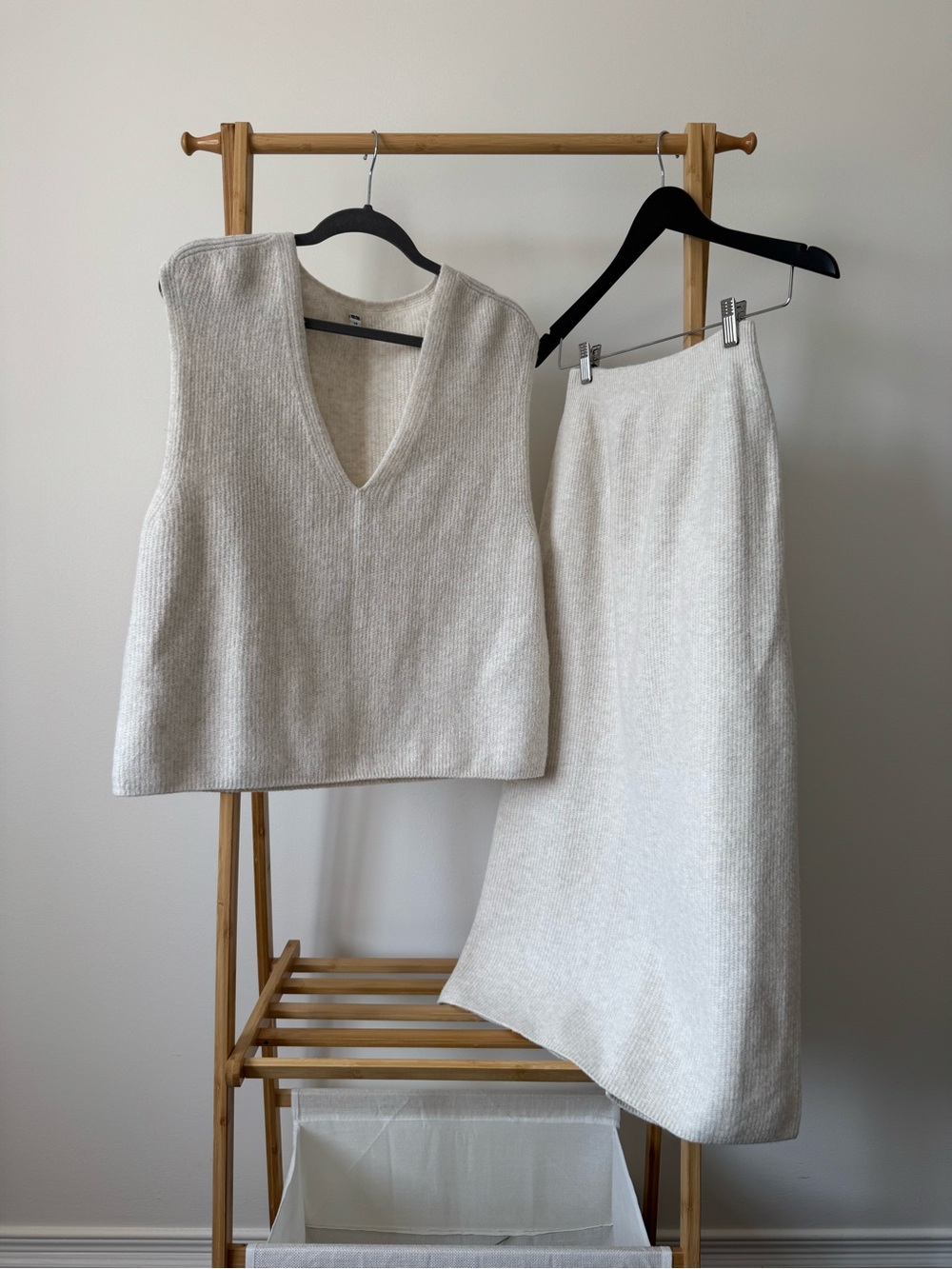 Uniqlo Cream Wool Skirt Set - V-Neck Vest(Size L) & Midi Skirt(Size S)